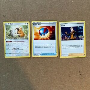 EUC Three Pokemon trading cards Bidoof basic and Great ball and Spark